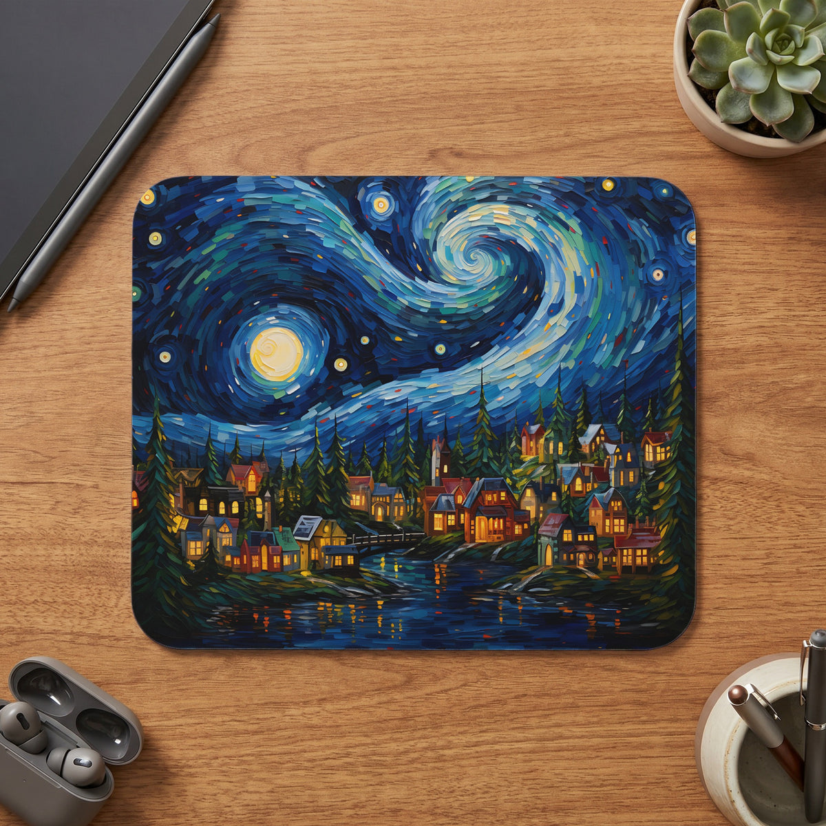 Stylized village scene with a swirling night sky, moon, and stars.