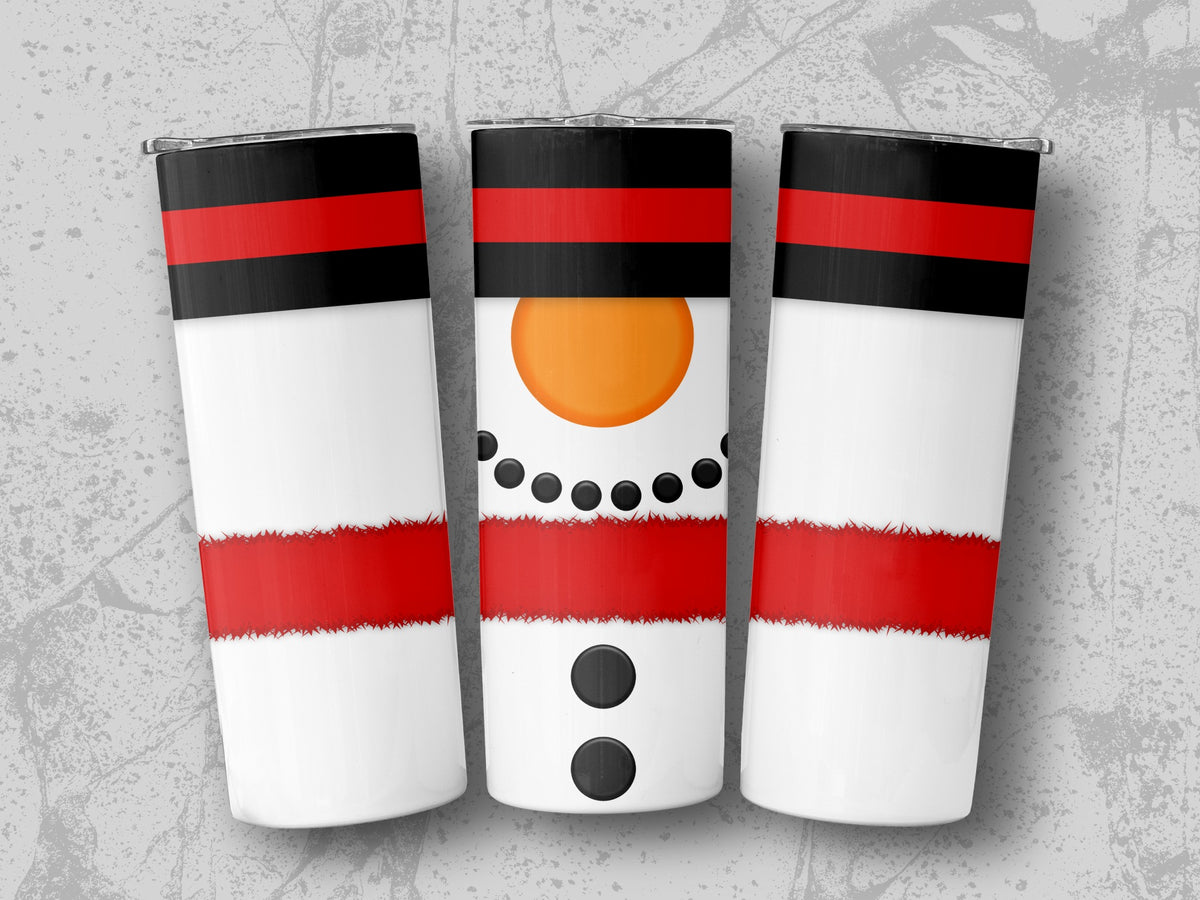 Three white tumblers with black and red snowman designs on a gray textured background.