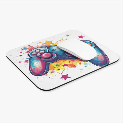 Mousepad with colorful game controller and stars design.