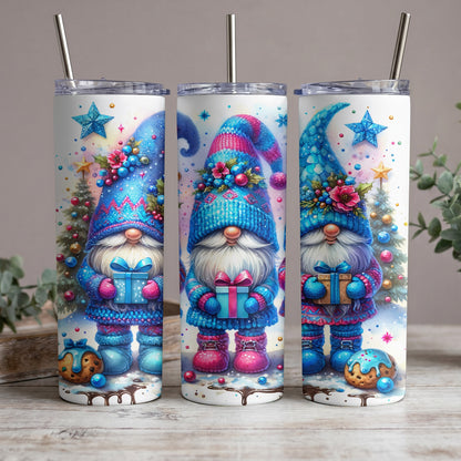 Three tumblers featuring gnomes holding gifts, surrounded by Christmas trees and festive decorations.