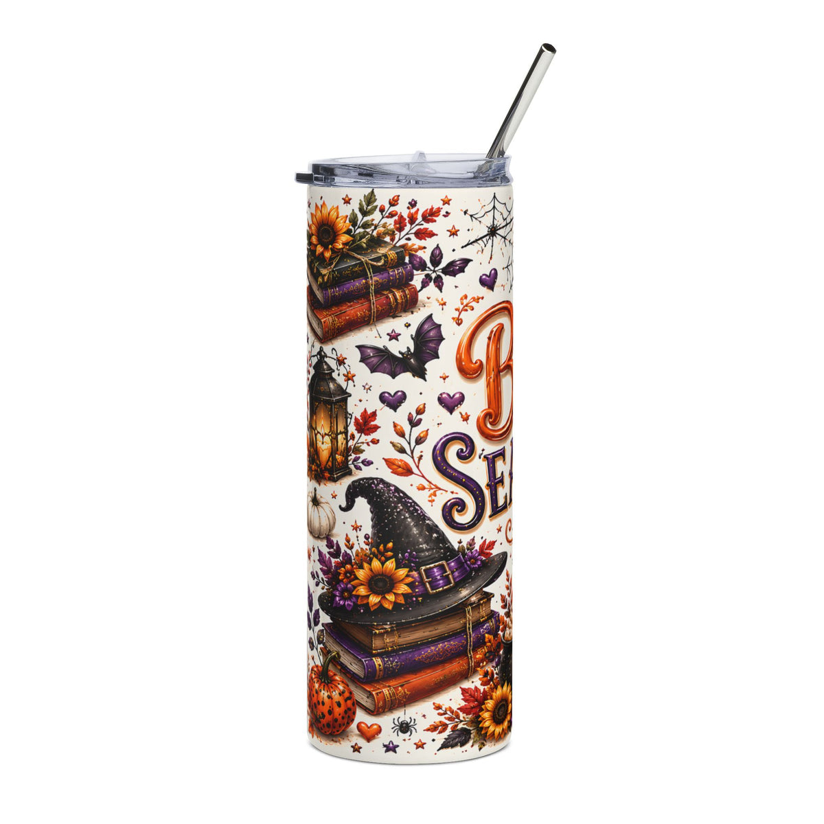 Tumbler with Halloween theme: witch hat, books, bat, pumpkin, and "Boo" text.