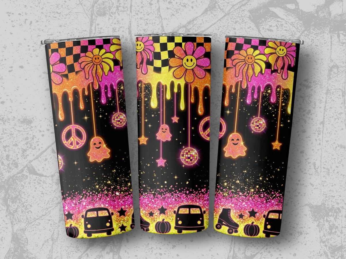 Three tumblers with groovy daisy, ghost, and retro graphics on a black background.
