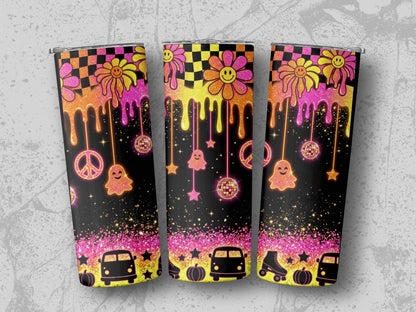 Three tumblers with groovy daisy, ghost, and retro graphics on a black background.