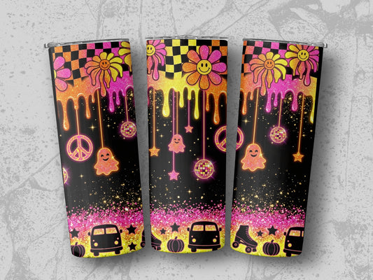 Three tumblers with groovy daisy, ghost, and retro graphics on a black background.