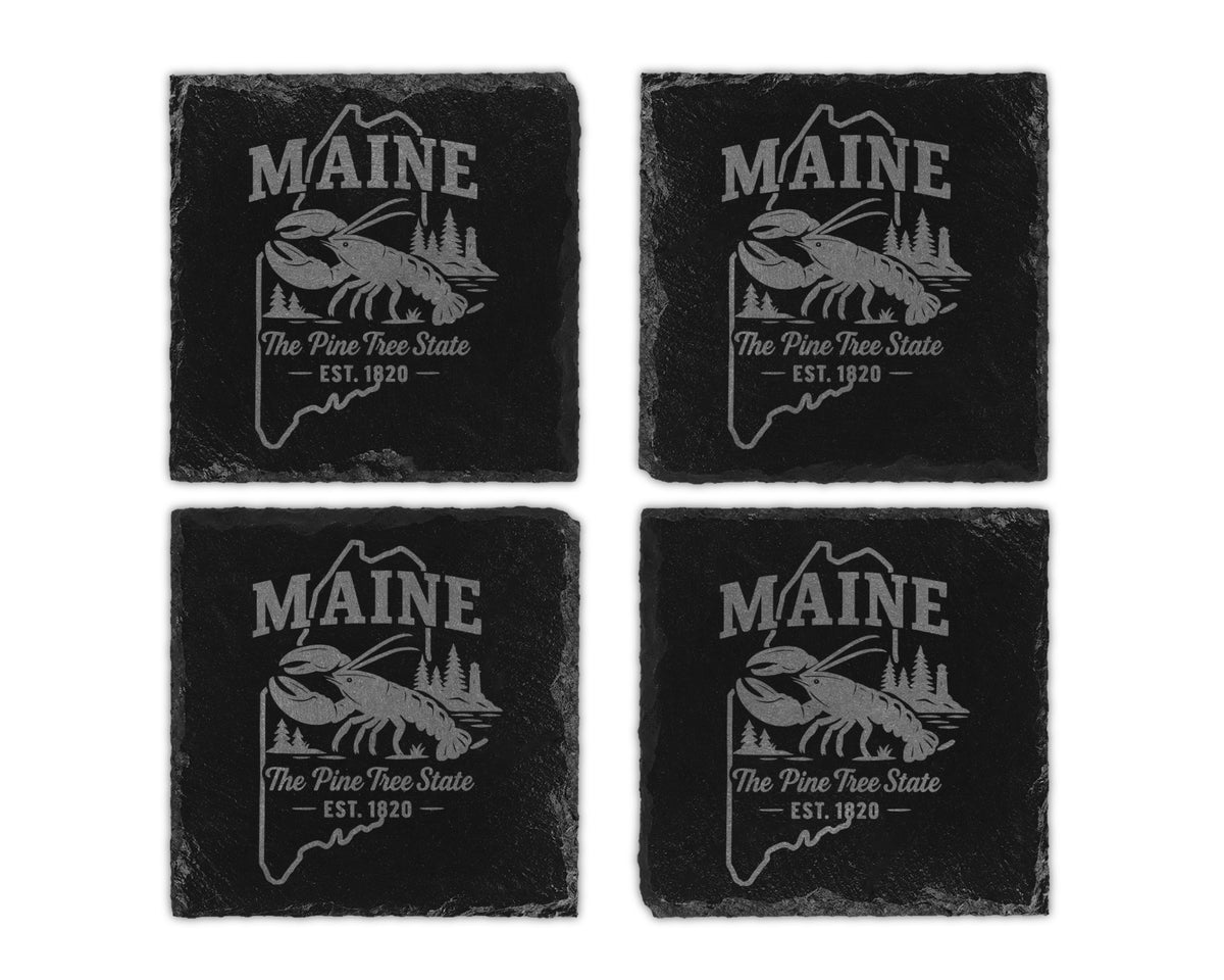 Four slate coasters engraved with "MAINE", a lobster, and "The Pine Tree State EST. 1820".