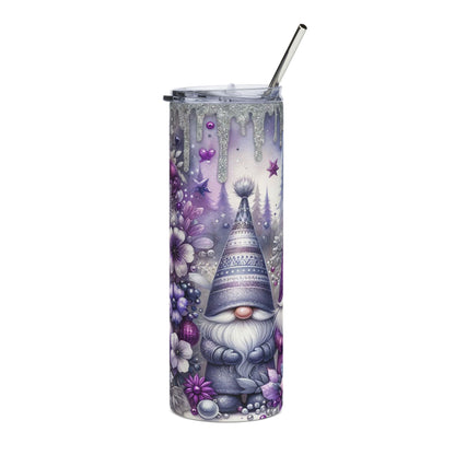 Purple gnome and winter floral design on a glittery tumbler with a silver straw.