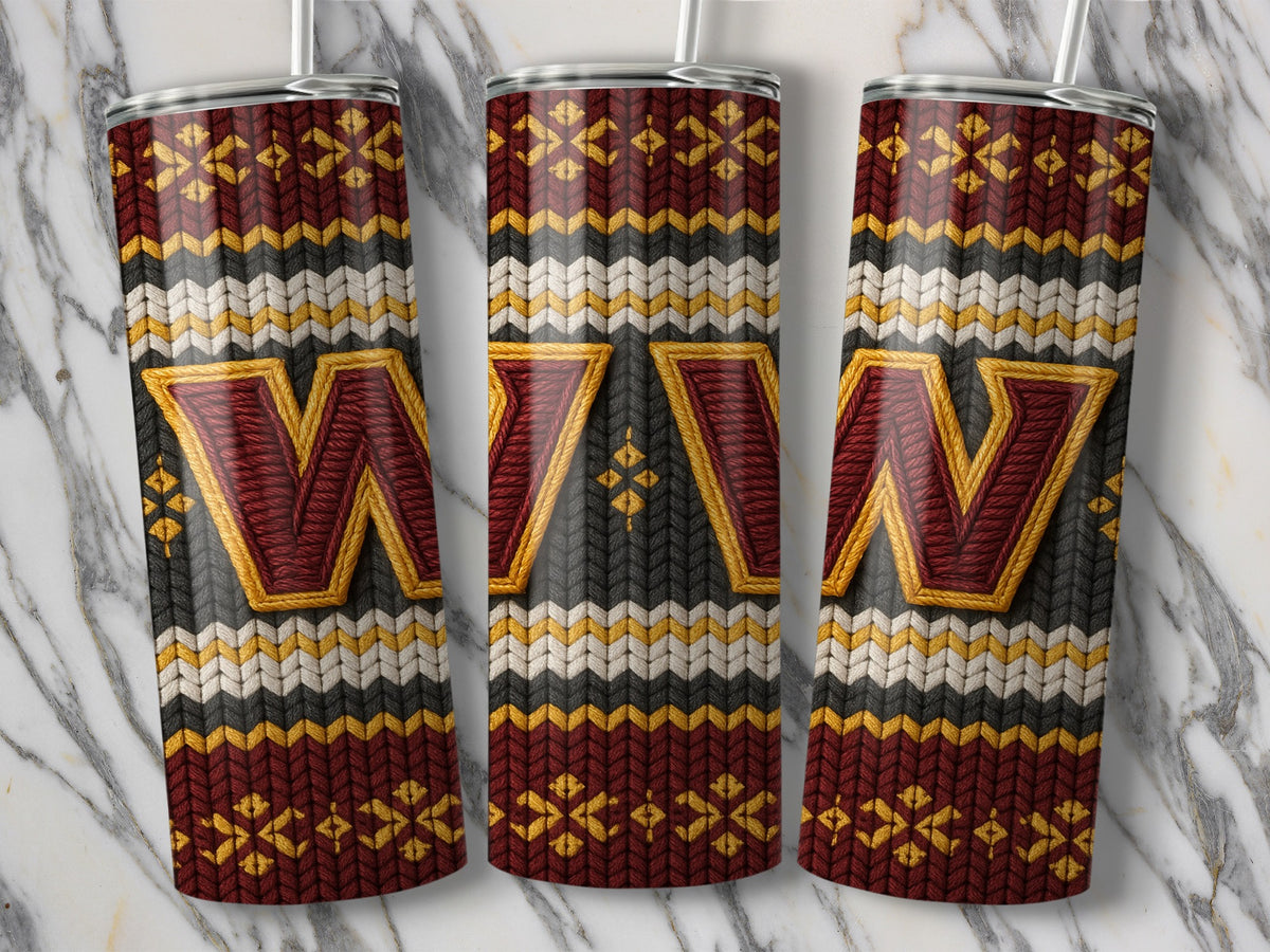 Three tumblers with maroon, gold, and white knit patterns featuring the Washington Commanders logo.
