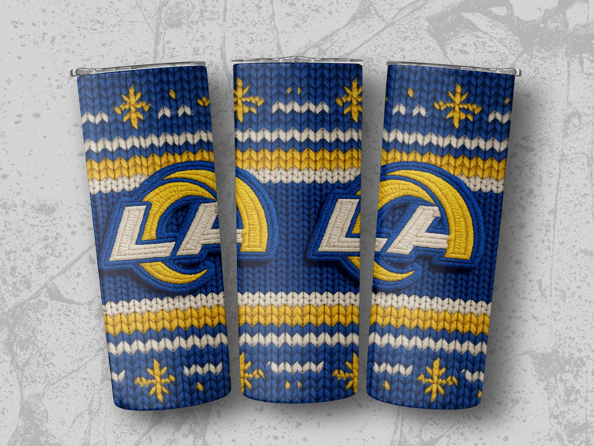 Los Angeles Rams logo on blue, white, and yellow knitted tumbler.