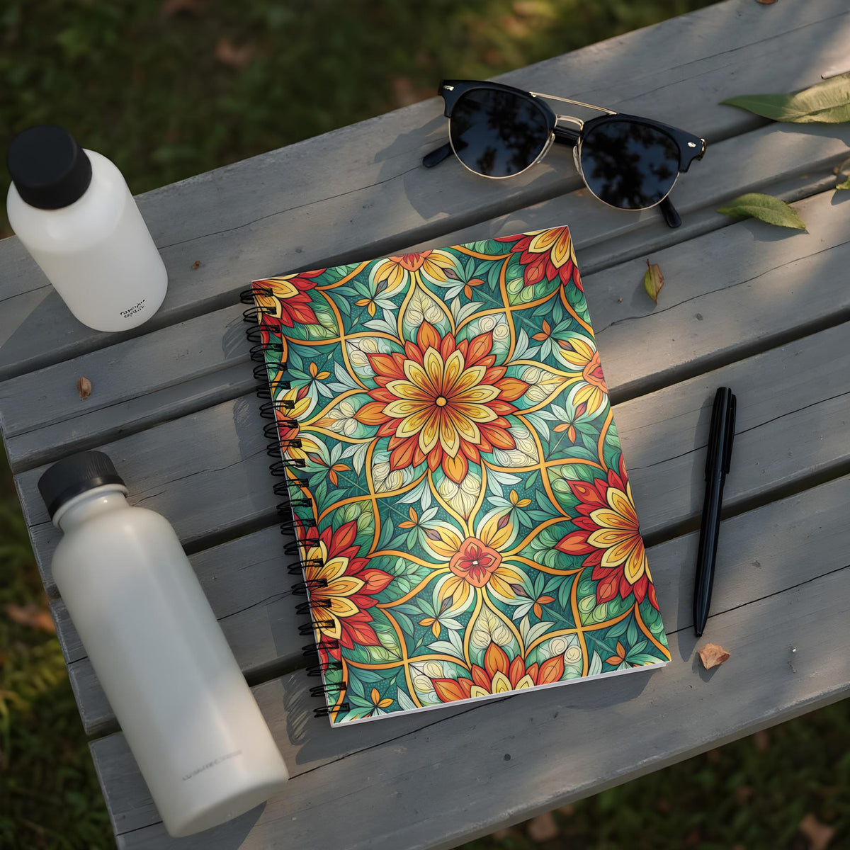 Spiral notebook with colorful floral pattern, two water bottles, sunglasses, and a pen.