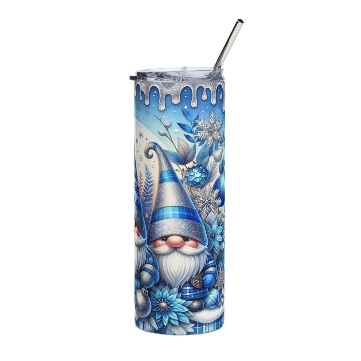 Blue tumbler with gnomes and winter snowflake pattern, includes straw.