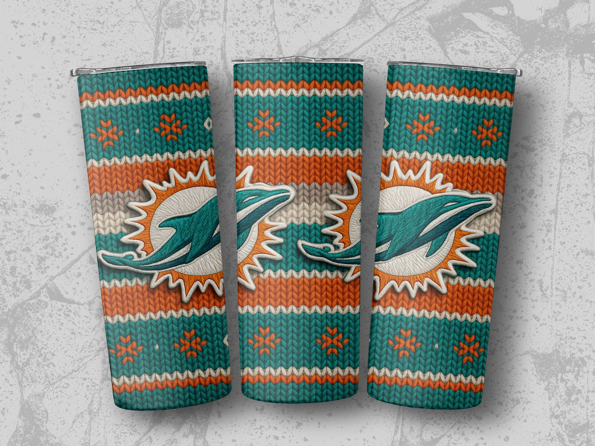 Miami Dolphins logo on a knit pattern tumbler with orange, teal, and white stripes.