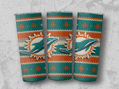 Miami Dolphins logo on a knit pattern tumbler with orange, teal, and white stripes.