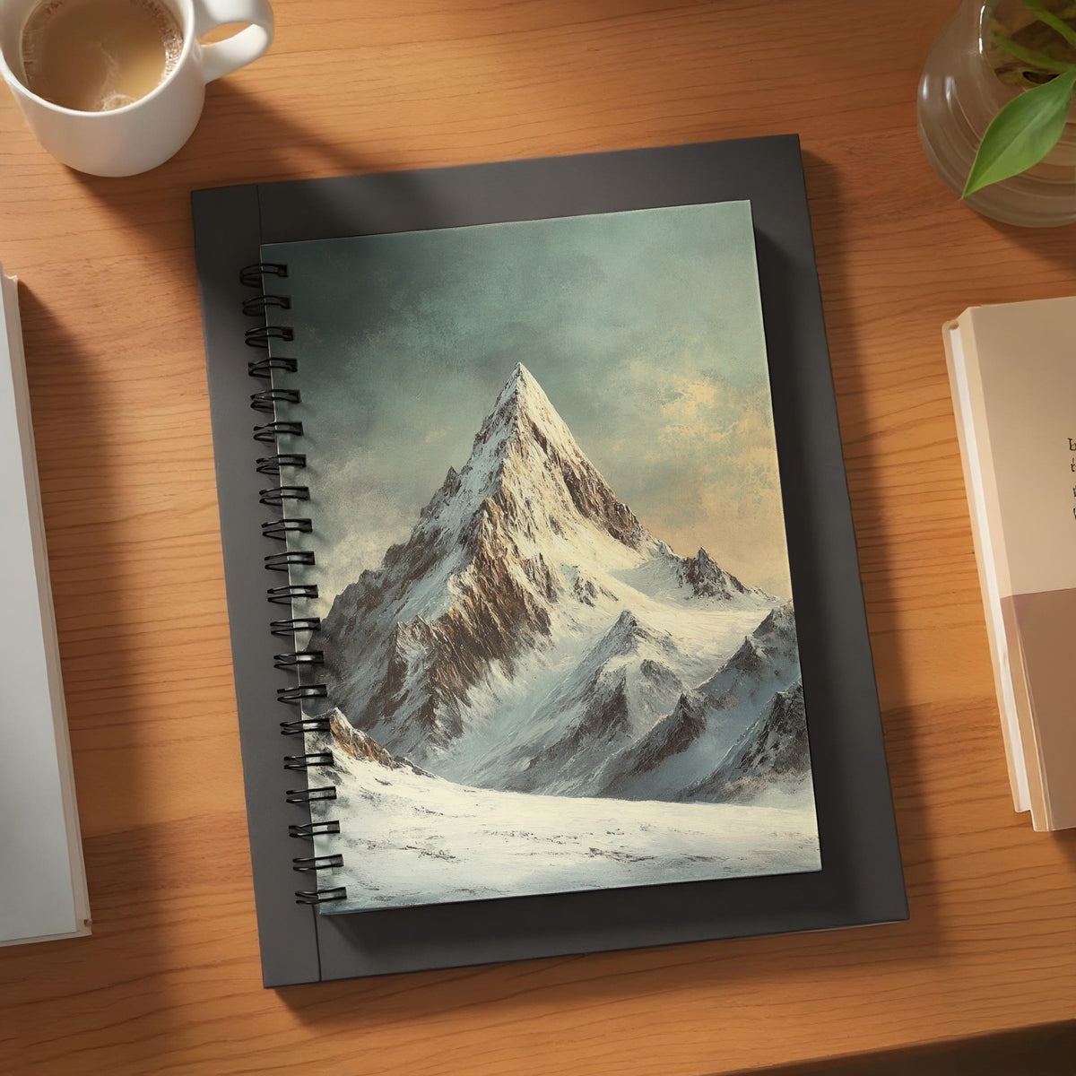 Spiral notebook with painted snowy mountain range on the cover.