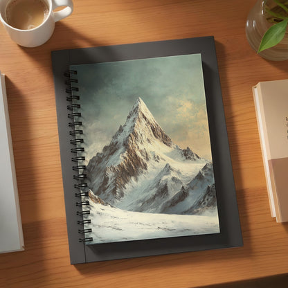 Spiral notebook with painted snowy mountain range on the cover.