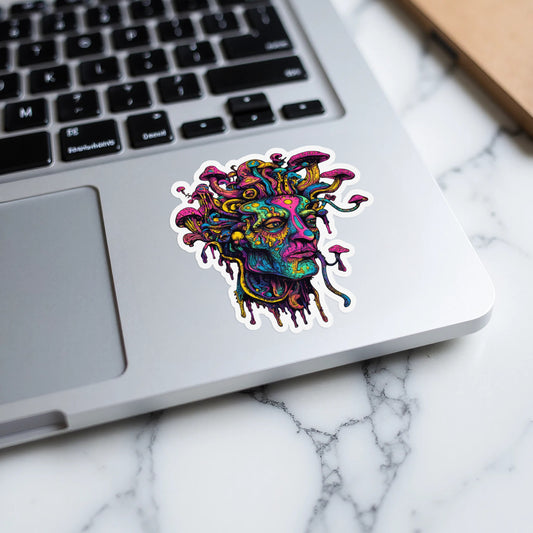 Psychedelic Medusa head sticker with colorful mushrooms on a laptop.