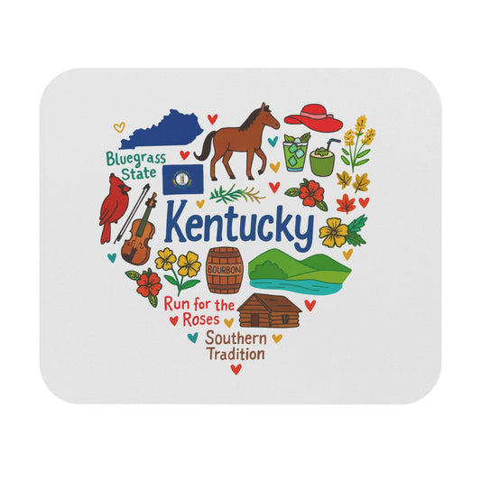 Kentucky state map, horse, bourbon, cardinal, violin, and flowers with text.