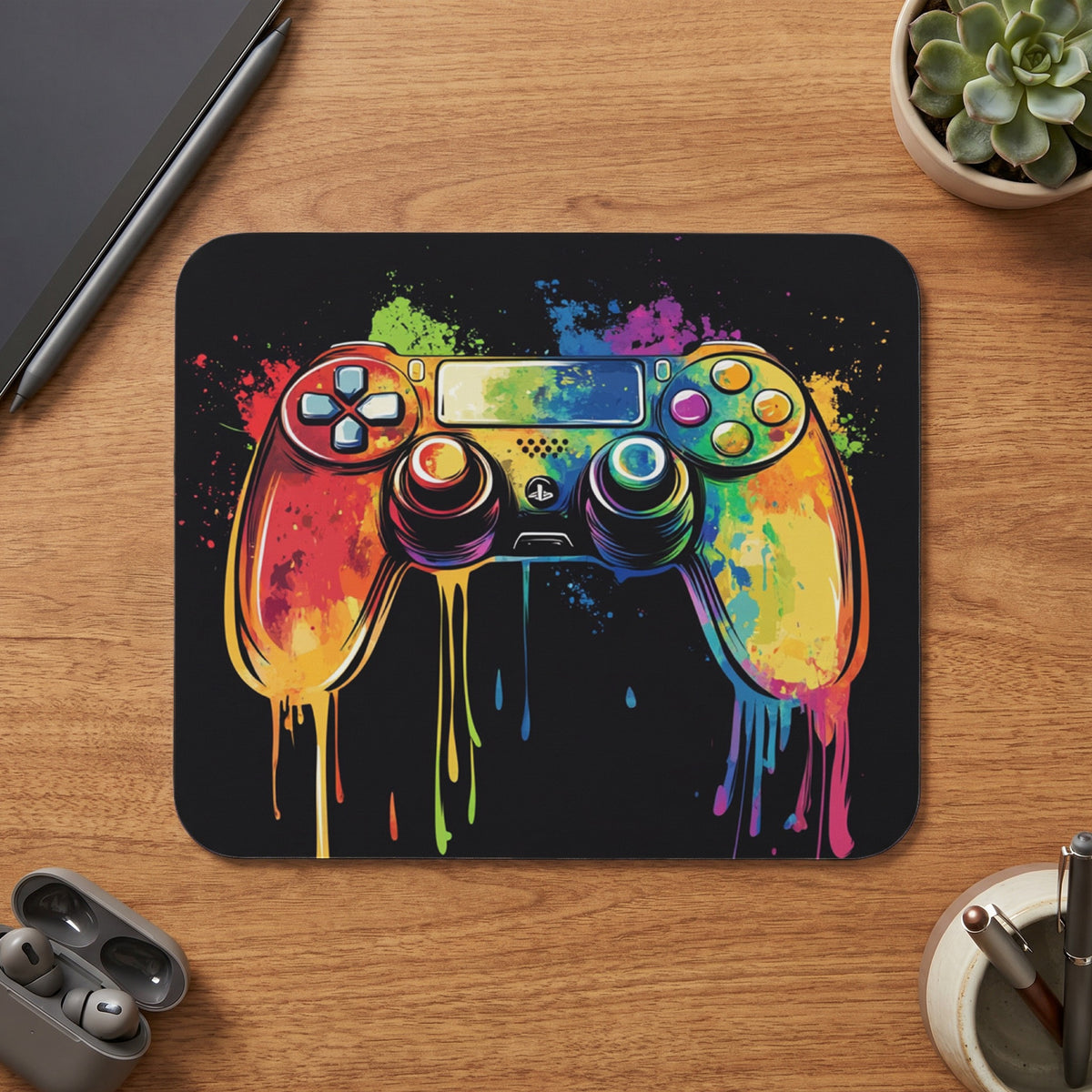 Controller with rainbow paint splatters and drips on black background.