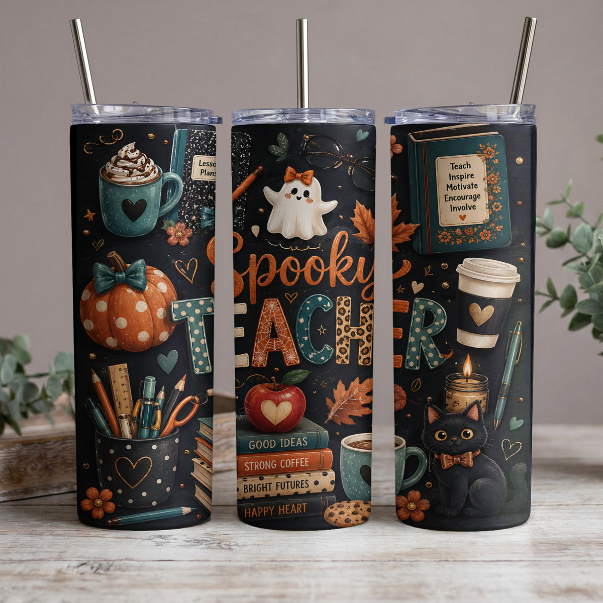 Three tumblers with a spooky teacher theme, featuring pumpkins, ghosts, books, and classroom supplies.