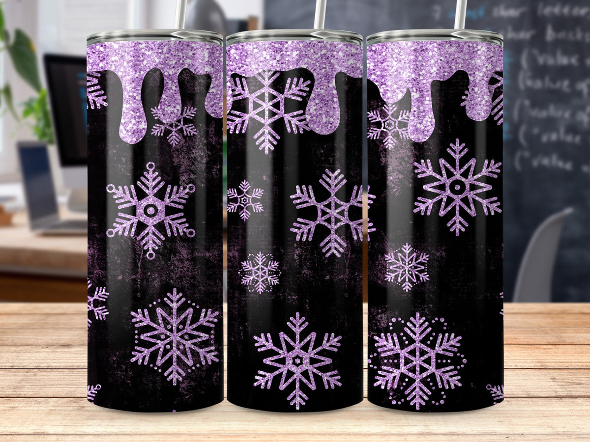 Black tumbler with purple glitter drip and snowflakes design