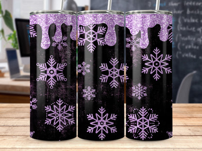 Black tumbler with purple glitter drip and snowflakes design