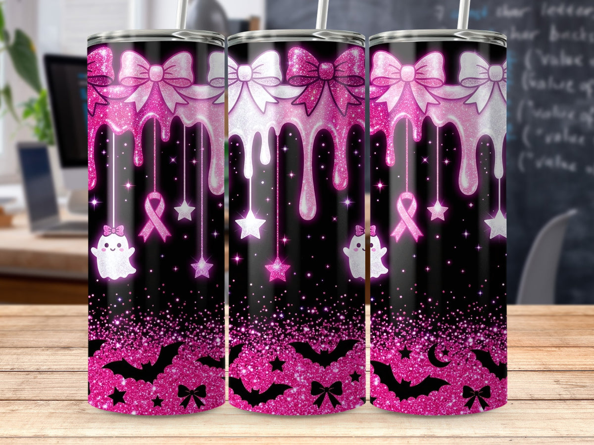 Three tumblers with dripping pink bows, ghosts, stars, bats, and moons.