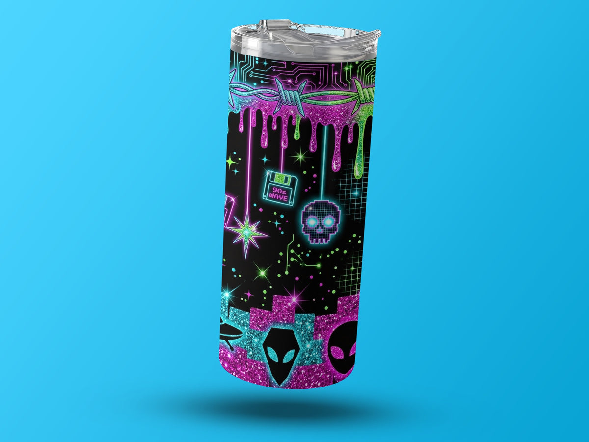 Tumbler with neon drip, barbed wire, floppy disk, skull, and alien designs.