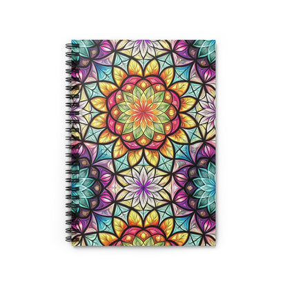 Spiral bound notebook with colorful stained-glass mandala design.