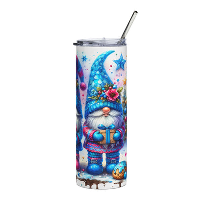 Tumbler with a Christmas gnome holding a gift and blue stars.