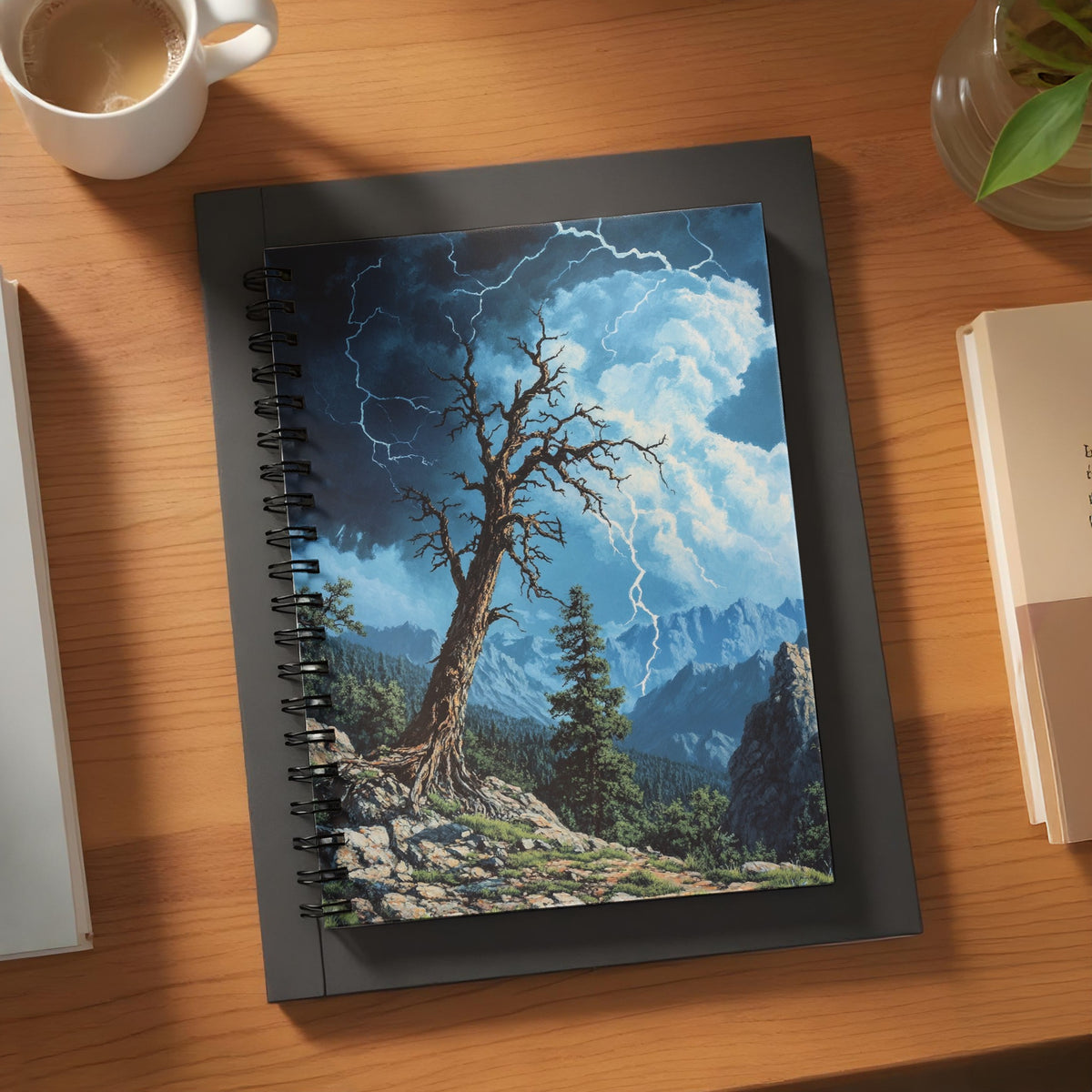 Spiral notebook with a painting of a tree struck by lightning on a rocky mountain.