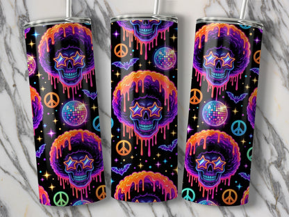 Tumbler with retro disco skull, peace signs, bats, and disco balls pattern.