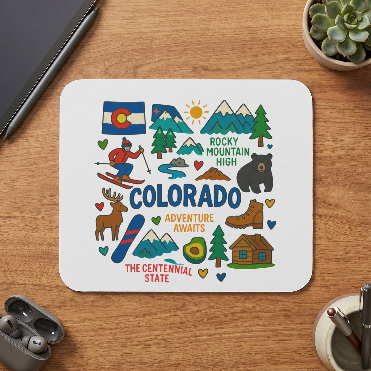 Colorado map art with icons of mountains, a bear, skier, and text "Adventure Awaits."