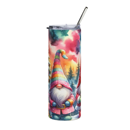 Tumbler with a watercolor scene of gnomes and snowy trees.