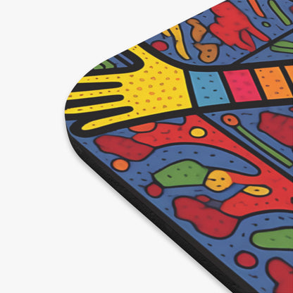 Close-up of a mousepad corner showing an abstract stained glass pattern with colorful shapes.