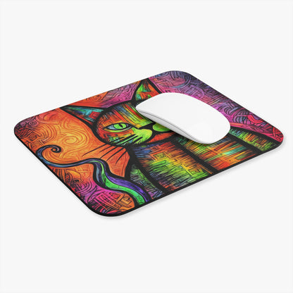 Abstract colorful cat design on a mousepad with a white mouse.