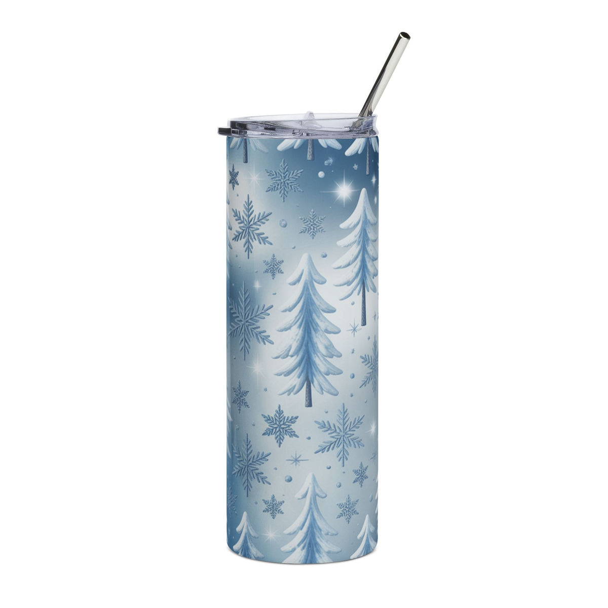 Tall tumbler with blue winter forest and snowflake pattern, includes straw.