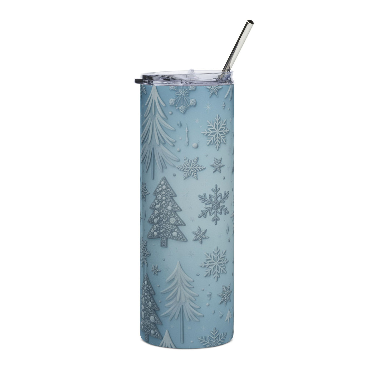 Blue tumbler with raised white snowflake and Christmas tree design and metal straw.
