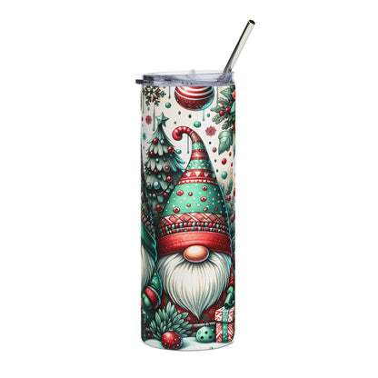 Tall tumbler with a gnome and Christmas tree pattern, featuring a straw.