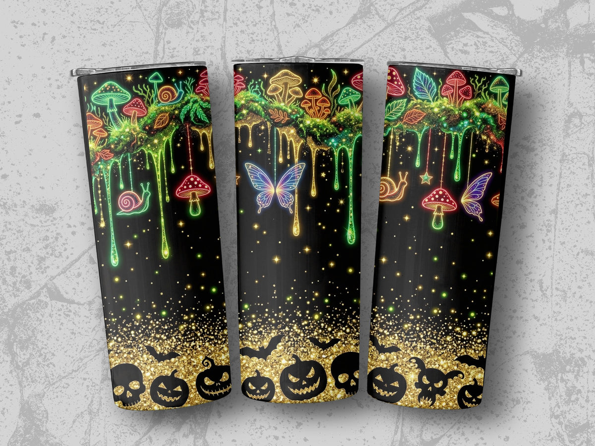 Black tumblers with neon mushroom, snail, and butterfly Halloween designs with glitter.