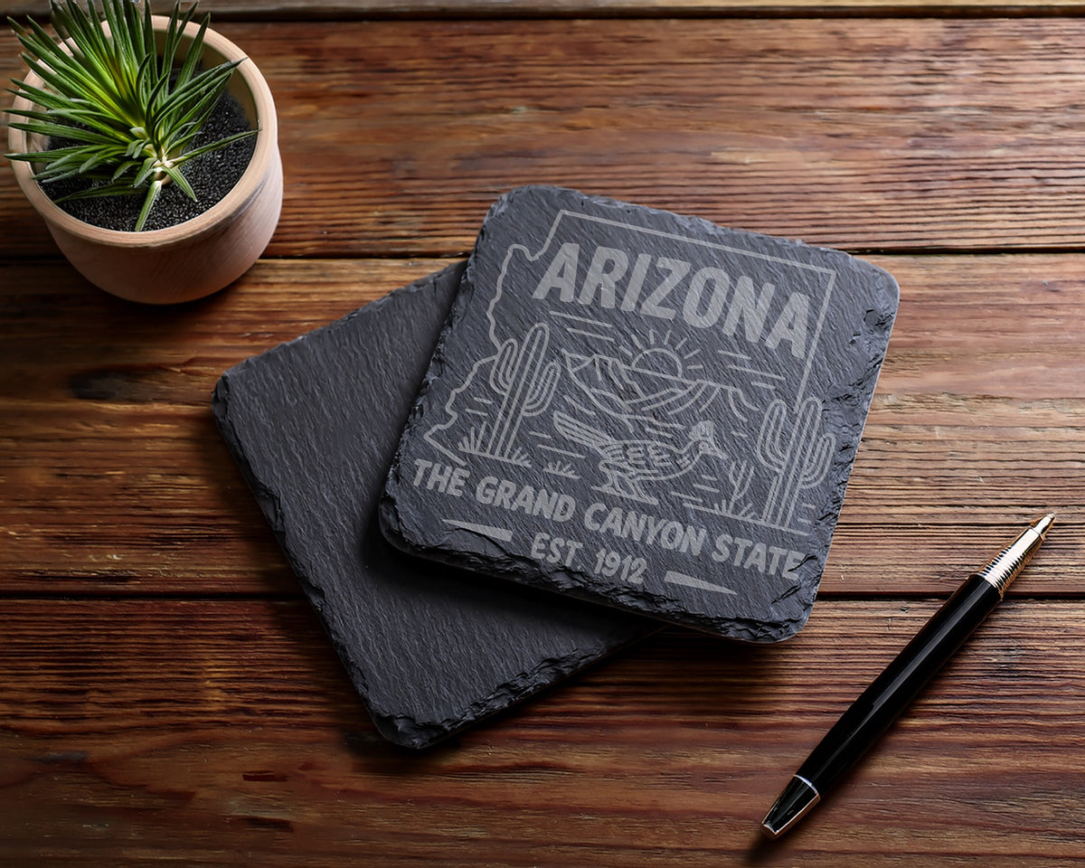 Arizona slate coaster with cactus and roadrunner design, EST. 1912.