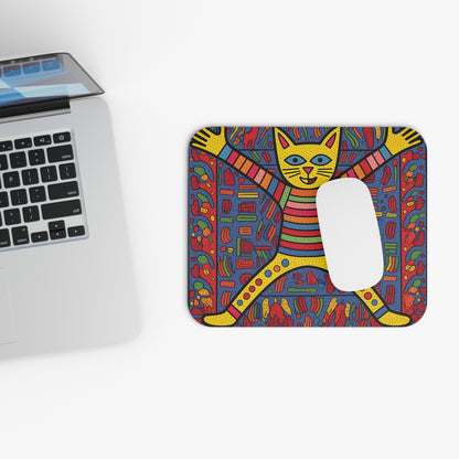 Mousepad with a colorful abstract cat design and a white computer mouse.