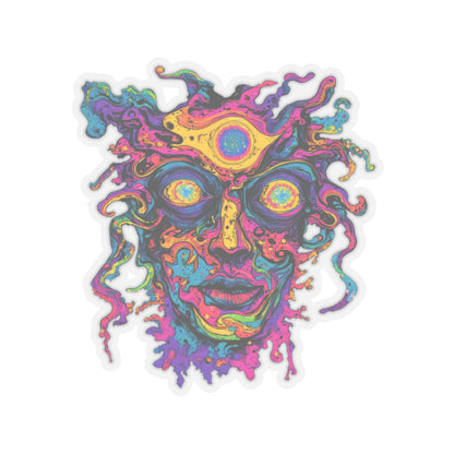Psychedelic face with swirling hair and third eye, in vibrant rainbow colors.