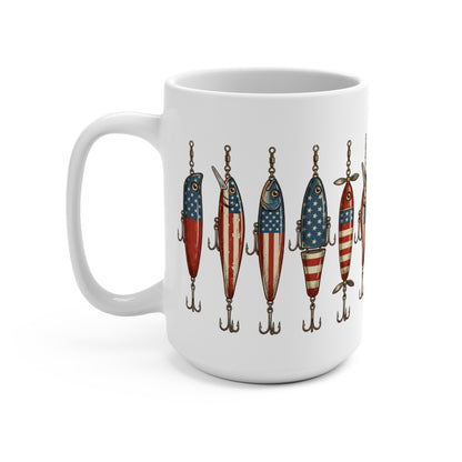 White mug with a repeating pattern of fishing lures decorated with American flag motifs.