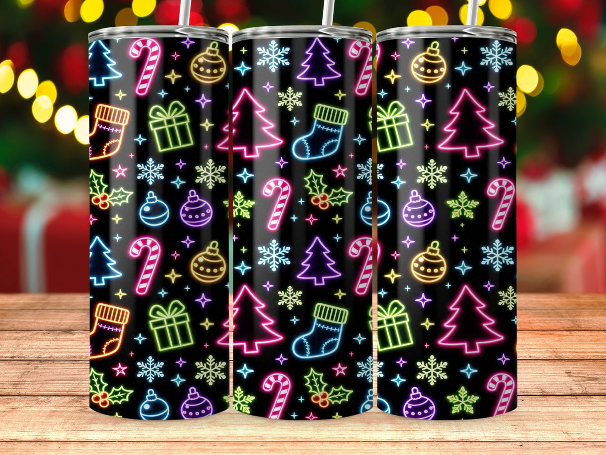 Three tumblers with neon Christmas icons on black background.