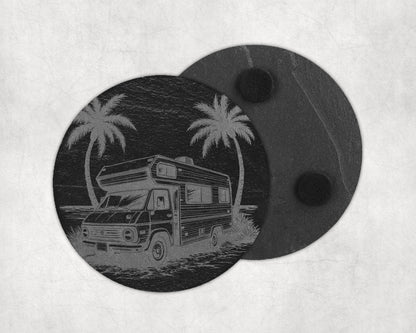 Round slate coaster with engraved vintage camper and palm trees.