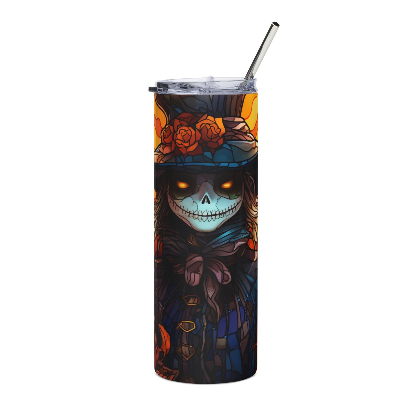 Tall tumbler with a spooky skeleton face wearing a top hat adorned with roses.