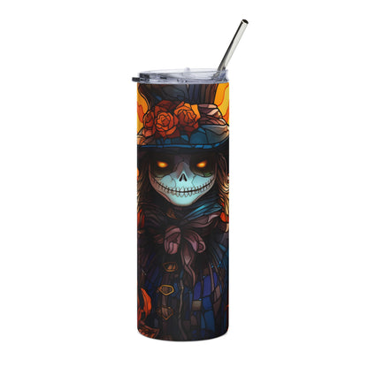 Tall tumbler with a spooky skeleton face wearing a top hat adorned with roses.