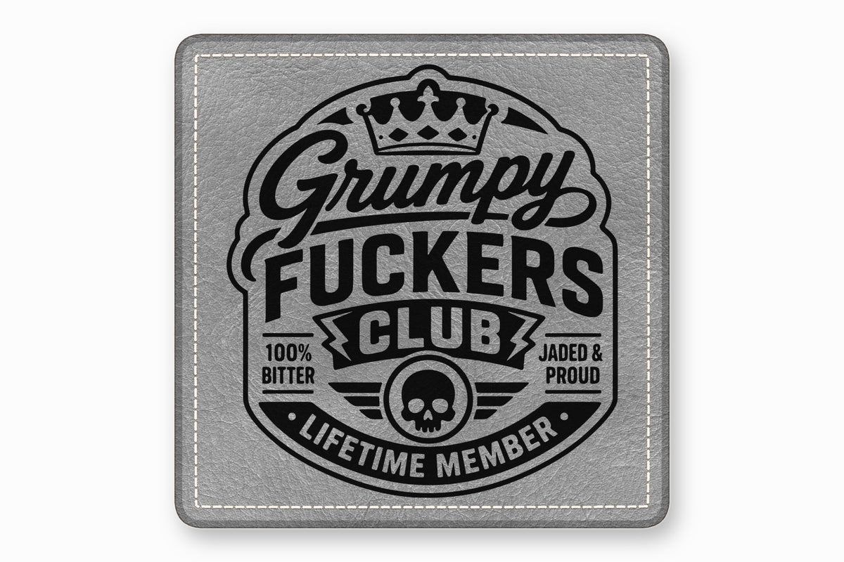 Gray leather patch with white stitched border and black emblem featuring skull and text.