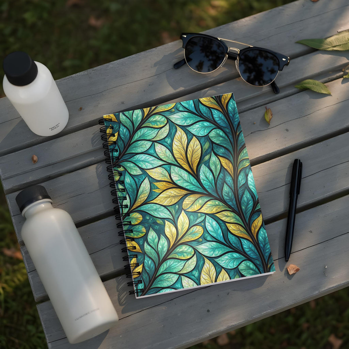 Notebook with stained glass leaf pattern, two water bottles, and sunglasses on a wooden table.