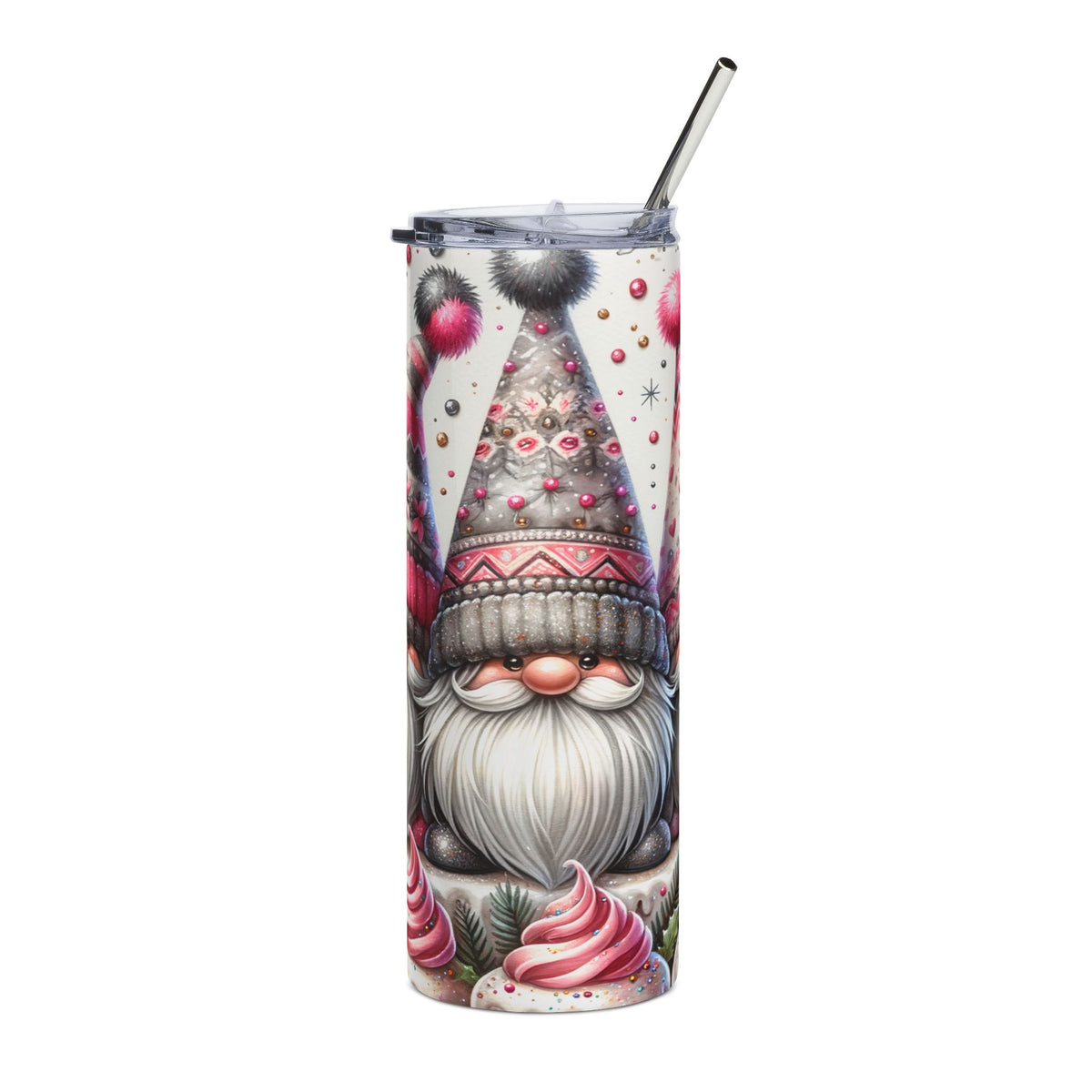 Tumbler with a gnome wearing a festive hat and holiday-themed decorations.