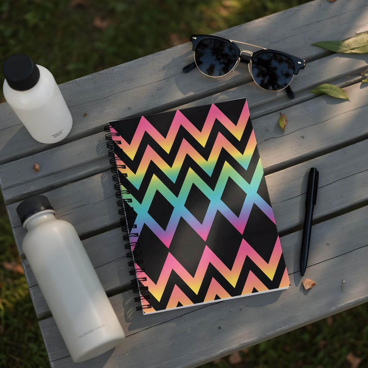 Spiral notebook with rainbow zig-zag pattern, two water bottles, and sunglasses on a picnic table.